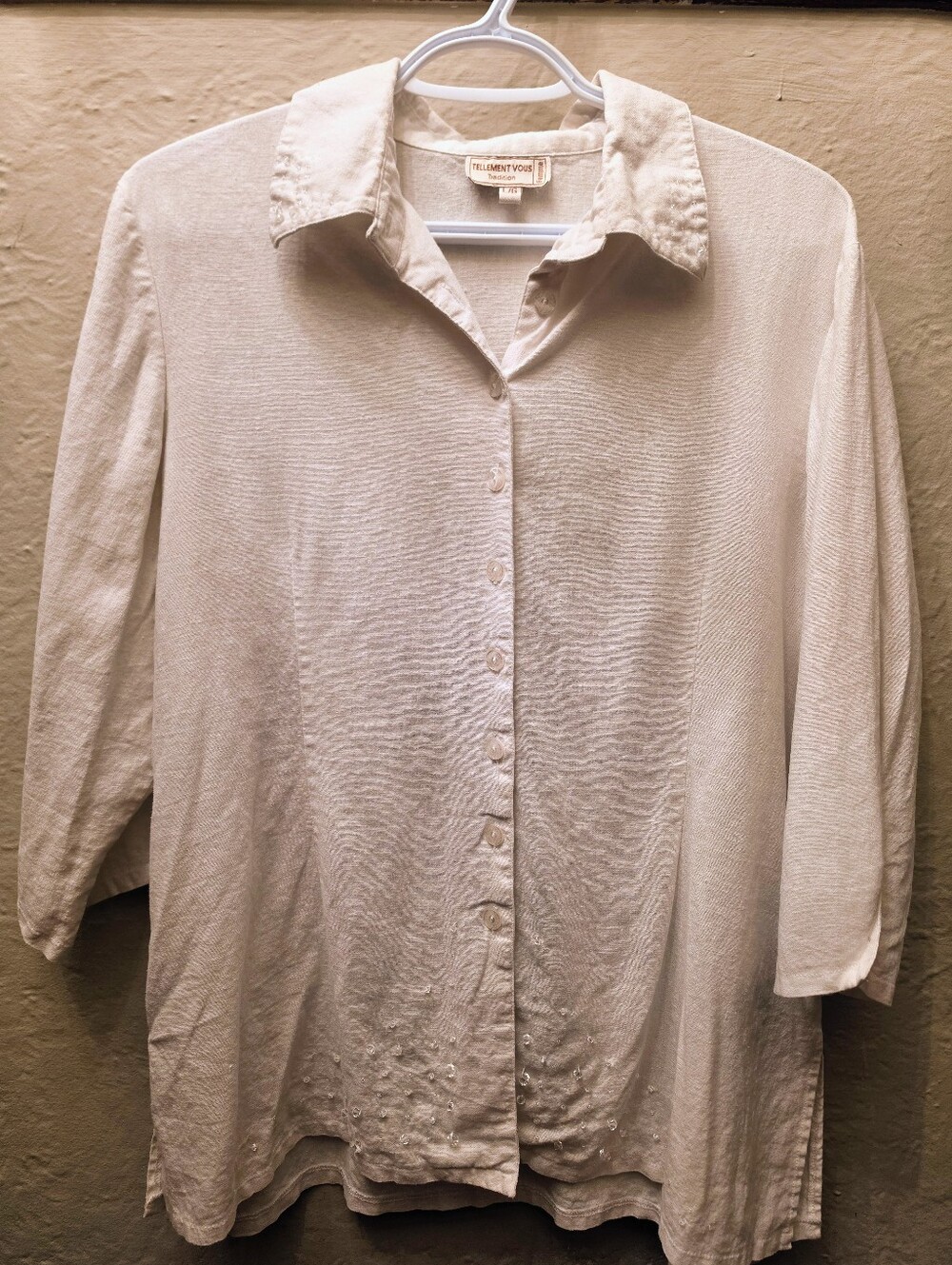 100% Linen Beige Beaded Button Front Tunic Blouse Natural Fiber L